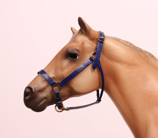 Traditional Scale Leather Halter for Breyer, Stone, other 1:9 Model Horses - Blueberry Color, Gold Hardware