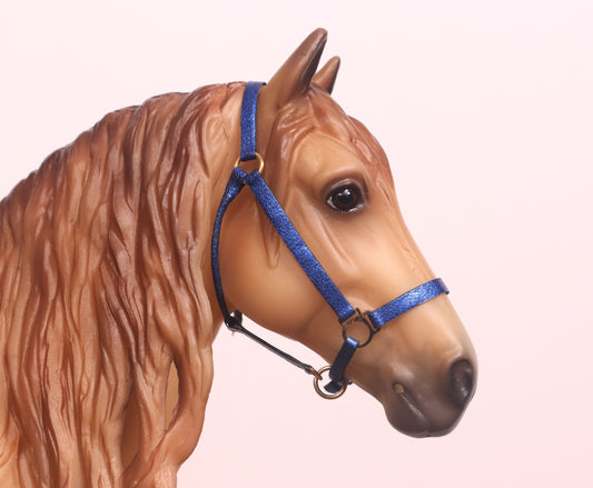 Traditional Scale Leather Halter for Breyer, Stone, other 1:9 Model Horses - Metallic Blue Color, Gold Hardware