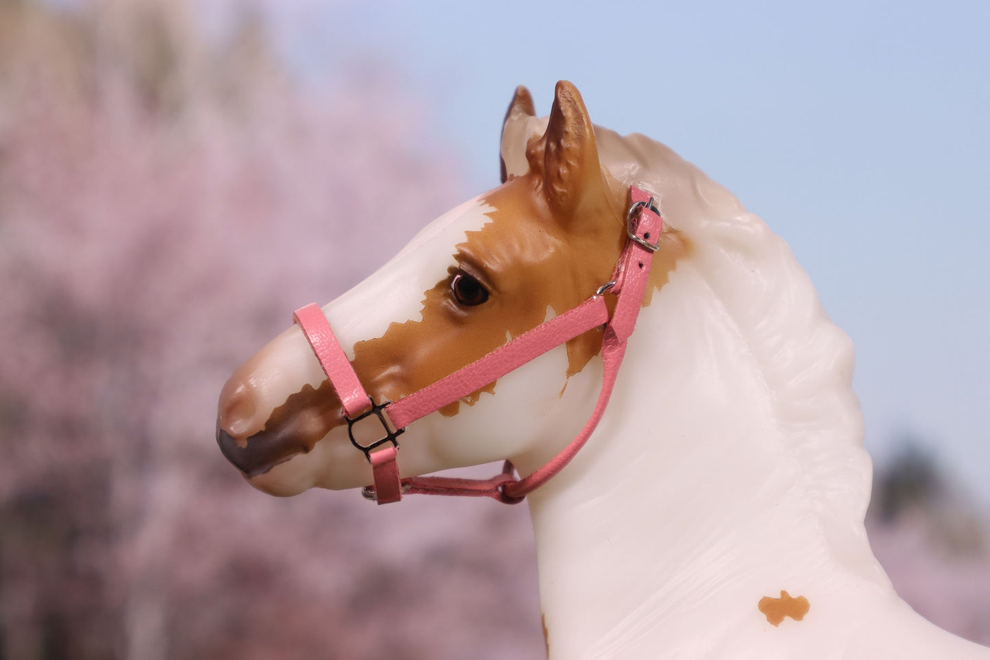 Traditional Scale Leather Halter for Breyer, Stone, other 1:9 Model Horses - Pink Color, Silver Hardware