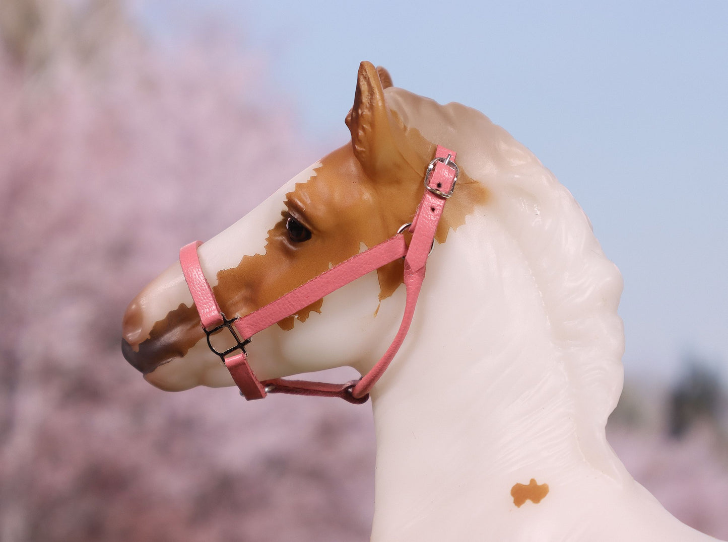 Traditional Scale Leather Halter for Breyer, Stone, other 1:9 Model Horses - Pink Color, Silver Hardware